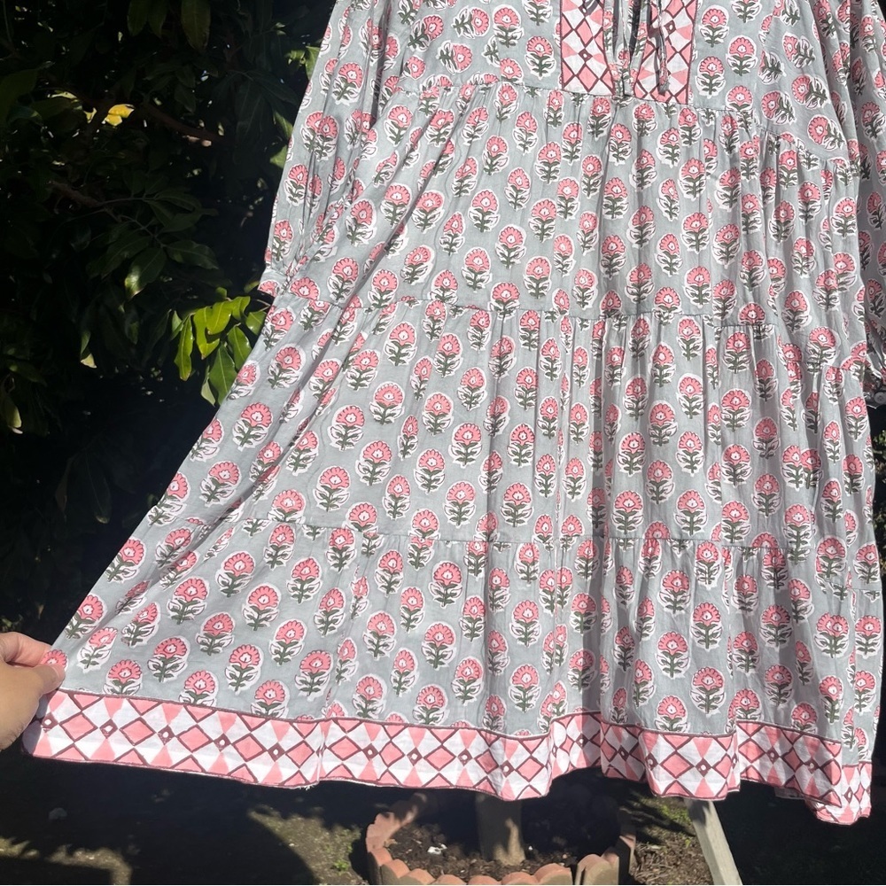 MAREA green pink floral border print cotton puff sleeve tiered mini dress - Picture 4 of 9